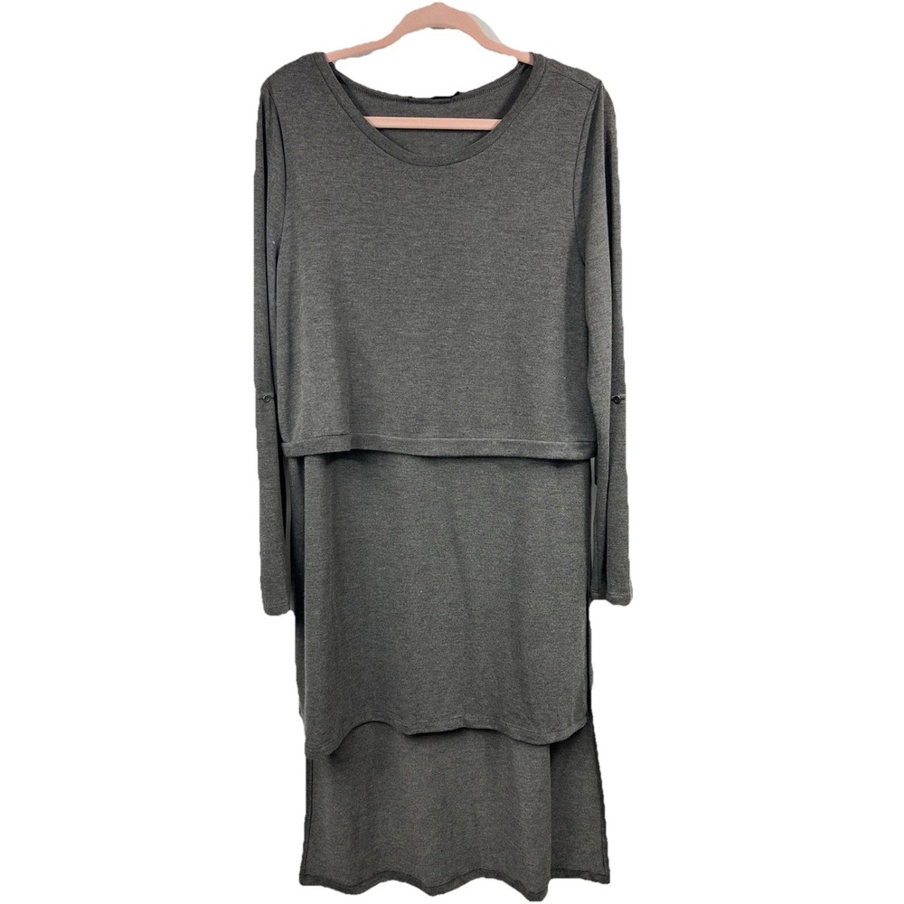 Doe & Rae Gray Layered Midi Dress L Long Sleeve Roll Tab Minimalist Lagenlook‎